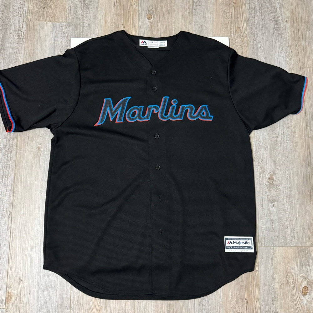 Majestic Marlins Black Jersey with Blue and Red Trim w/ extra t shirt see pics